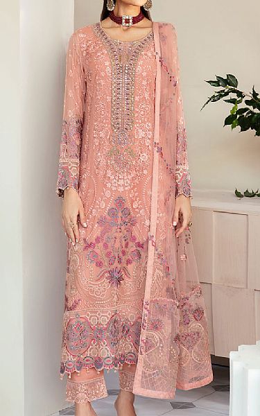 Ramsha Salmon Pink Chiffon Suit | Pakistani Embroidered Chiffon Dresses USA- Image 1