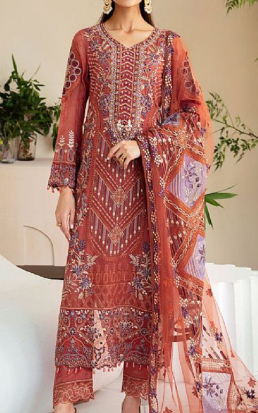 Ramsha Coral Chiffon Suit | Pakistani Embroidered Chiffon Dresses USA- Image 1