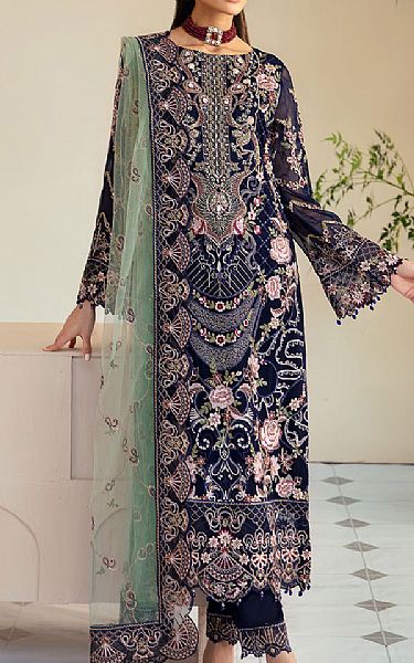 Ramsha Navy Blue Chiffon Suit | Pakistani Embroidered Chiffon Dresses USA- Image 1