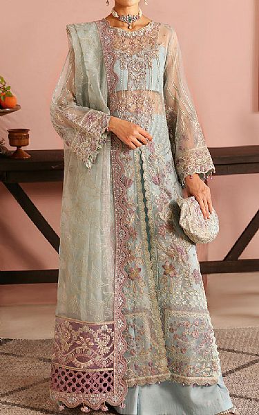 Ramsha Light Turquoise Organza Suit | Pakistani Embroidered Chiffon Dresses USA- Image 1