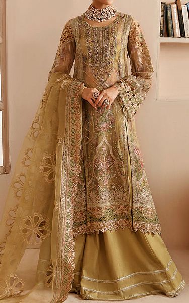 Ramsha Mustard Organza Suit | Pakistani Embroidered Chiffon Dresses USA- Image 1