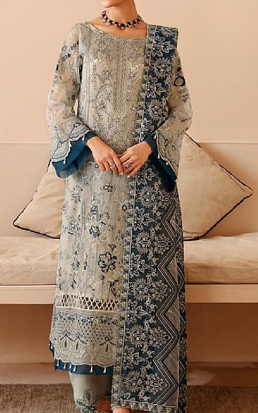 Ramsha Teal/Grey Chiffon Suit | Pakistani Embroidered Chiffon Dresses USA- Image 1