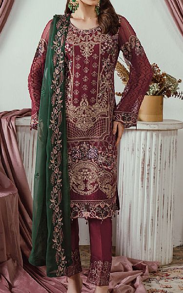 Ramsha Wine Chiffon Suit | Pakistani Embroidered Chiffon Dresses- Image 1