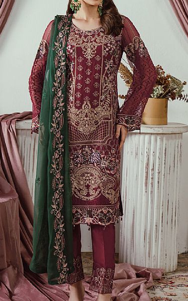 Ramsha Wine Chiffon Suit | Pakistani Embroidered Chiffon Dresses USA- Image 1