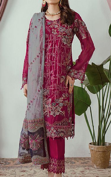 Ramsha Crimson Chiffon Suit | Pakistani Embroidered Chiffon Dresses- Image 1