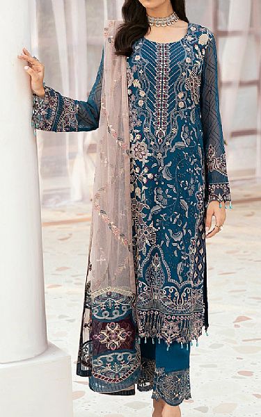 Ramsha Denim Blue Chiffon Suit | Pakistani Embroidered Chiffon Dresses USA- Image 1