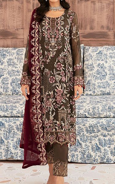 Ramsha English Walnut Chiffon Suit | Pakistani Embroidered Chiffon Dresses USA- Image 1