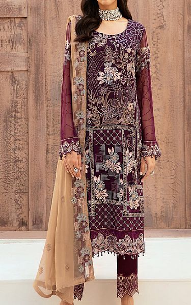 Ramsha Eggplant Chiffon Suit | Pakistani Embroidered Chiffon Dresses USA- Image 1