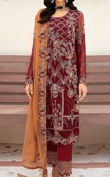 Ramsha Wine Red Chiffon Suit | Pakistani Embroidered Chiffon Dresses USA- Image 1