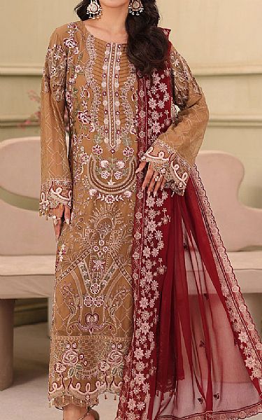 Ramsha Fawn Chiffon Suit | Pakistani Embroidered Chiffon Dresses USA- Image 1