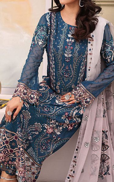 Ramsha Blue Chiffon Suit | Pakistani Embroidered Chiffon Dresses USA- Image 3