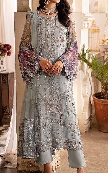 Ramsha Grey Net Suit | Pakistani Embroidered Chiffon Dresses- Image 1