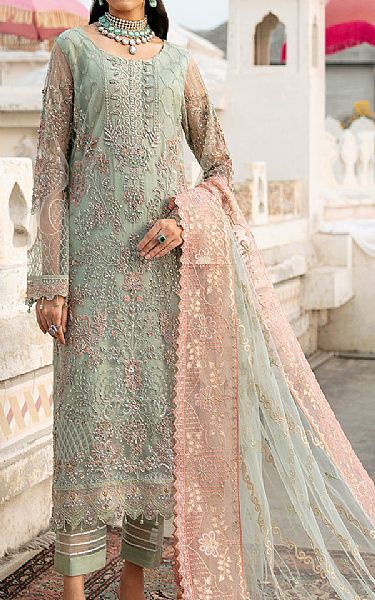 Ramsha Pistachio Green Net Suit | Pakistani Embroidered Chiffon Dresses- Image 1