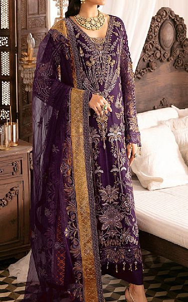 Ramsha Plum Net Suit | Pakistani Embroidered Chiffon Dresses- Image 1