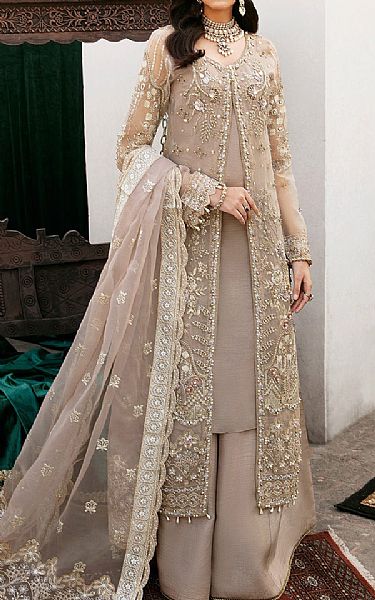 Ramsha Beige Organza Suit | Pakistani Embroidered Chiffon Dresses- Image 1