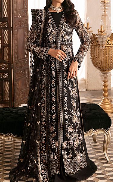Ramsha Black Organza Suit | Pakistani Embroidered Chiffon Dresses- Image 1