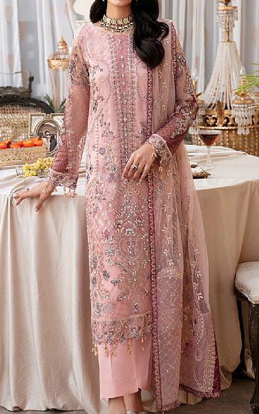 Ramsha Oriental Pink Net Suit | Pakistani Embroidered Chiffon Dresses- Image 1