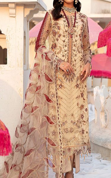 Ramsha Fawn Net Suit | Pakistani Embroidered Chiffon Dresses- Image 1