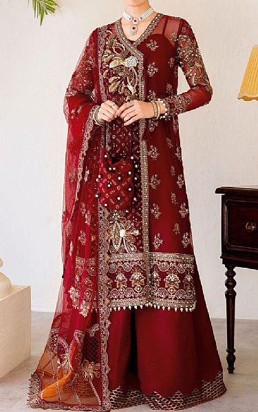 Ramsha Maroon Organza Suit | Pakistani Embroidered Chiffon Dresses USA- Image 1