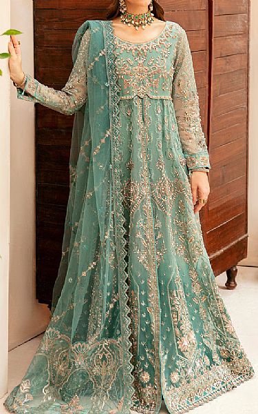 Ramsha Light Turquoise Organza Suit | Pakistani Embroidered Chiffon Dresses USA- Image 1