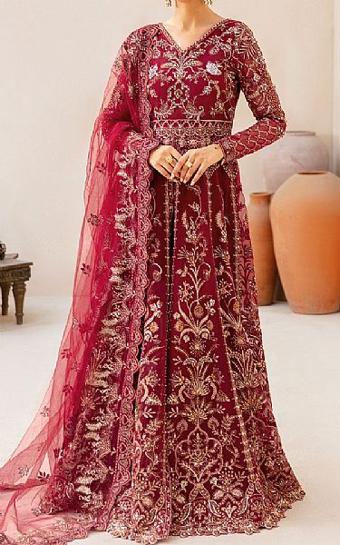 Ramsha Wine Red Organza Suit | Pakistani Embroidered Chiffon Dresses USA- Image 1