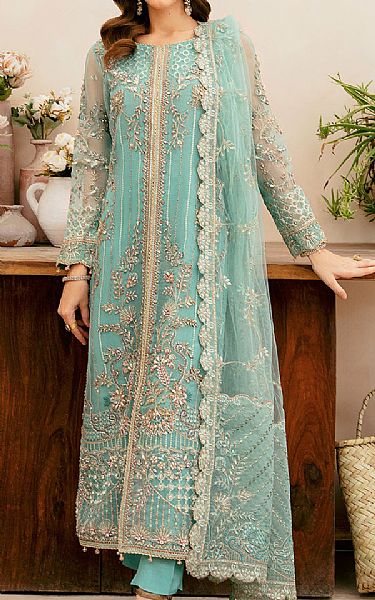 Ramsha Turquoise Organza Suit | Pakistani Embroidered Chiffon Dresses USA- Image 1