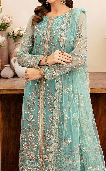 Ramsha Turquoise Organza Suit | Pakistani Embroidered Chiffon Dresses USA- Image 3