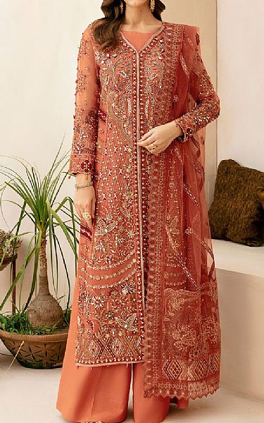 Ramsha Bright Orange Organza Suit | Pakistani Embroidered Chiffon Dresses USA- Image 1