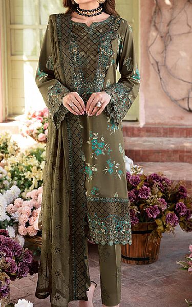 Ramsha Olive Green Viscose Suit | Pakistani Winter Dresses- Image 1