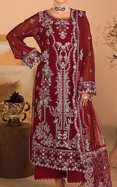 Ramsha Maroon Chiffon Suit | Pakistani Embroidered Chiffon Dresses USA- Image 1