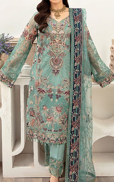 Ramsha Sea Green Organza Suit | Pakistani Embroidered Chiffon Dresses- Image 1