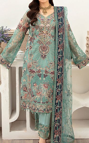 Ramsha Sea Green Organza Suit | Pakistani Embroidered Chiffon Dresses USA- Image 1