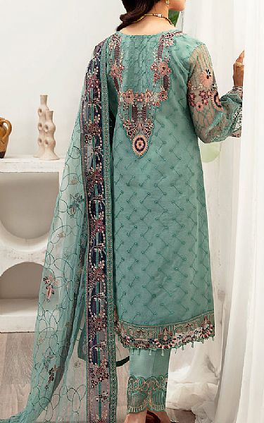 Ramsha Sea Green Organza Suit | Pakistani Embroidered Chiffon Dresses- Image 2