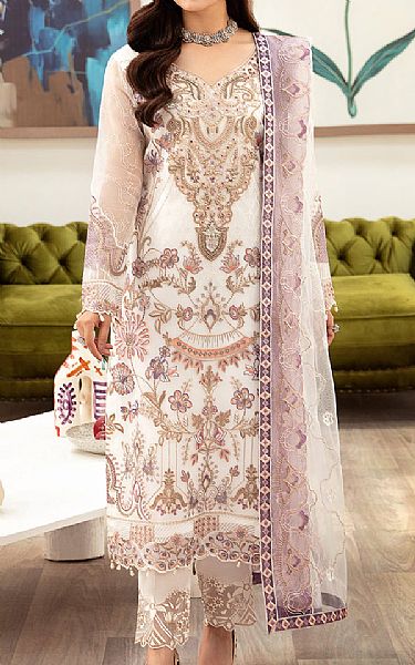 Ramsha Off-white Organza Suit | Pakistani Embroidered Chiffon Dresses- Image 1