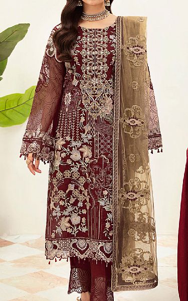 Ramsha Maroon Organza Suit | Pakistani Embroidered Chiffon Dresses- Image 1