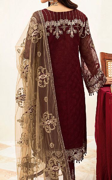 Ramsha Maroon Organza Suit | Pakistani Embroidered Chiffon Dresses- Image 2