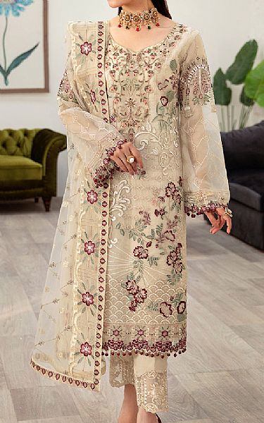 Ramsha Ivory Organza Suit | Pakistani Embroidered Chiffon Dresses- Image 1