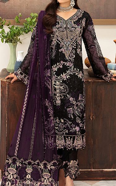 Ramsha Black Organza Suit | Pakistani Embroidered Chiffon Dresses- Image 1