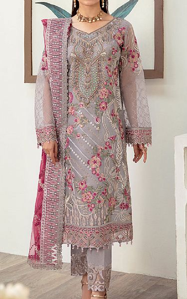 Ramsha Grey Organza Suit | Pakistani Embroidered Chiffon Dresses- Image 1