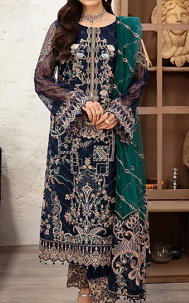 Ramsha Navy Blue Organza Suit | Pakistani Embroidered Chiffon Dresses- Image 1