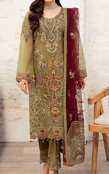 Ramsha Olive Organza Suit | Pakistani Embroidered Chiffon Dresses USA- Image 1