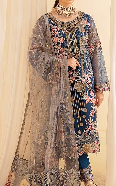 Ramsha Denim Blue Organza Suit | Pakistani Embroidered Chiffon Dresses- Image 1