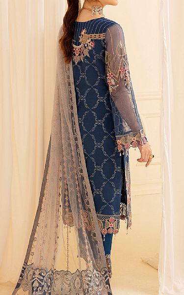 Ramsha Denim Blue Organza Suit | Pakistani Embroidered Chiffon Dresses- Image 2