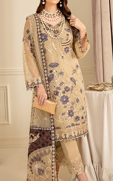Ramsha Tan Organza Suit | Pakistani Embroidered Chiffon Dresses- Image 1