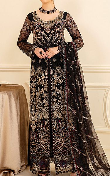 Ramsha Black Net Suit | Pakistani Embroidered Chiffon Dresses- Image 1