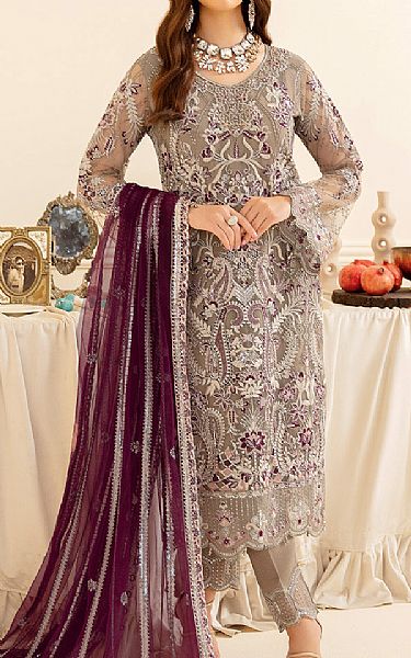 Ramsha Grey Net Suit | Pakistani Embroidered Chiffon Dresses- Image 1