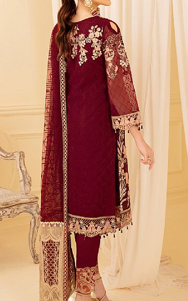 Ramsha Maroon Organza Suit | Pakistani Embroidered Chiffon Dresses- Image 2