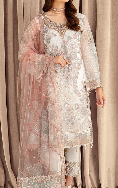 Ramsha Off-white Organza Suit | Pakistani Embroidered Chiffon Dresses- Image 1