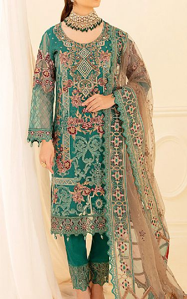 Ramsha Emerald Green Organza Suit | Pakistani Embroidered Chiffon Dresses- Image 1