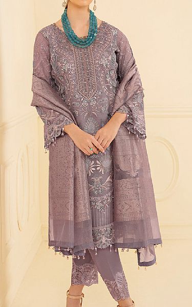 Ramsha Lavender Organza Suit | Pakistani Embroidered Chiffon Dresses- Image 1